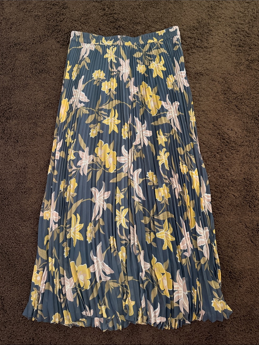 LOFT Pleated Maxi Skirt - Blue with Yellow & White Floral